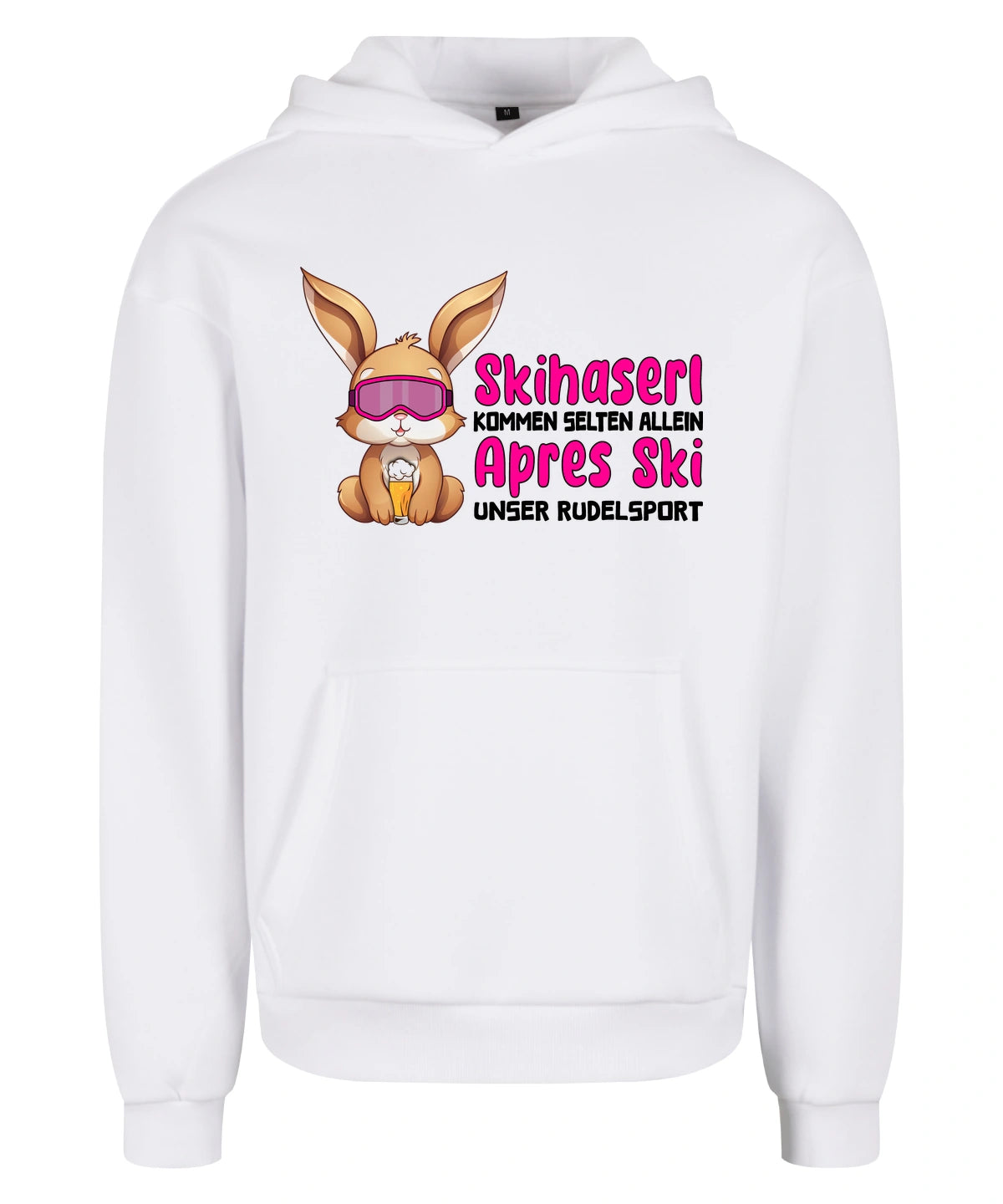 Skihaserl Rudelsport Hoodie in White – Vorderansicht mit dem Motiv Skihaserl Rudelsport.