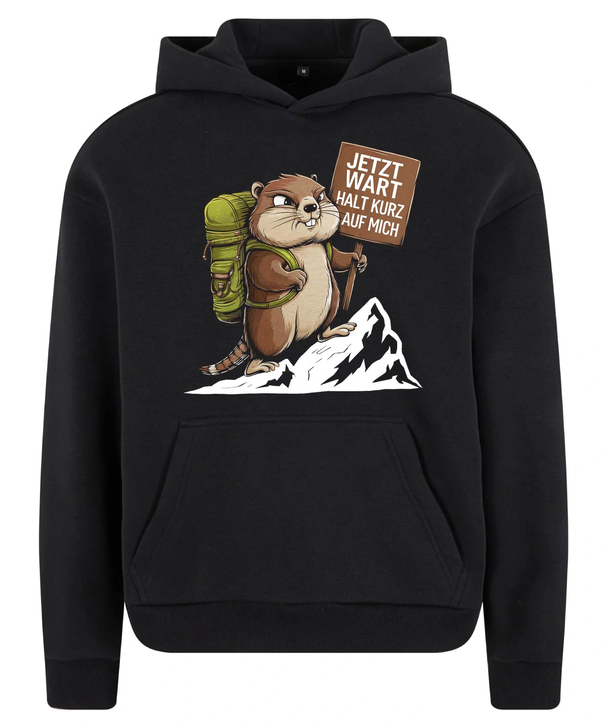 Warte kurz Hoodie in Black – Vorderansicht mit dem Motiv Warte kurz.