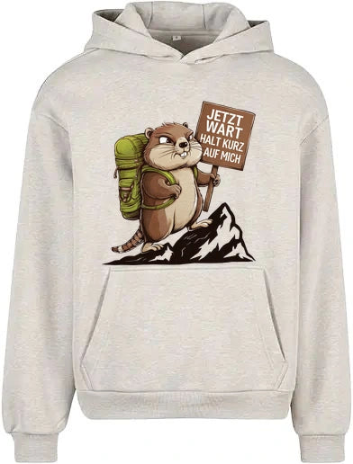 Warte kurz Hoodie in Light Grey – Vorderansicht mit dem Motiv Warte kurz.