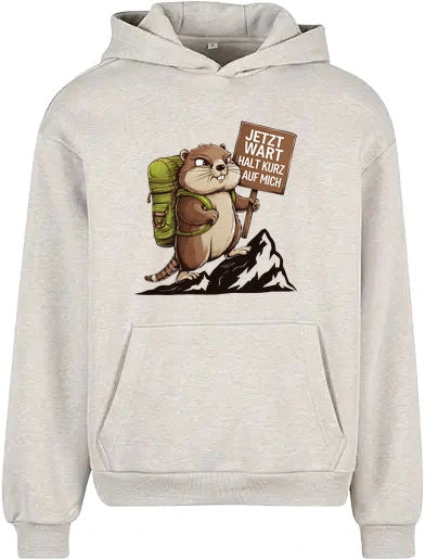 Warte kurz Hoodie in Light Grey – Vorderansicht mit dem Motiv Warte kurz.
