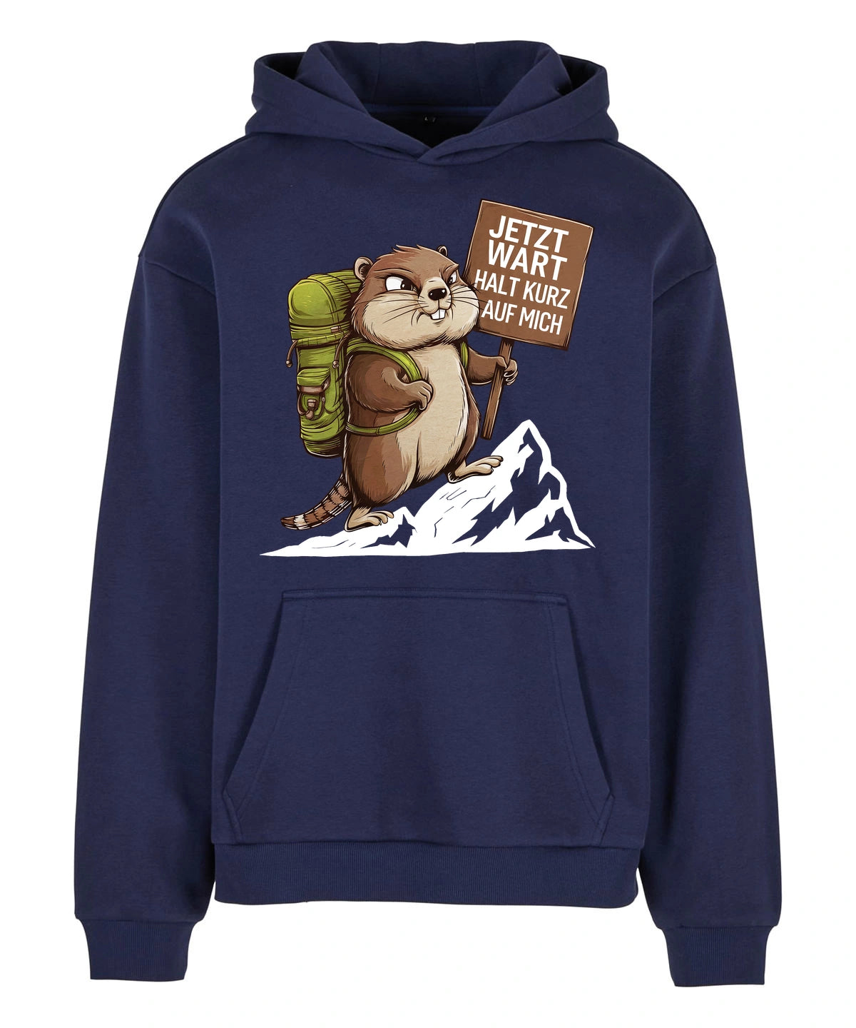 Warte kurz Hoodie in Navy – Vorderansicht mit dem Motiv Warte kurz.