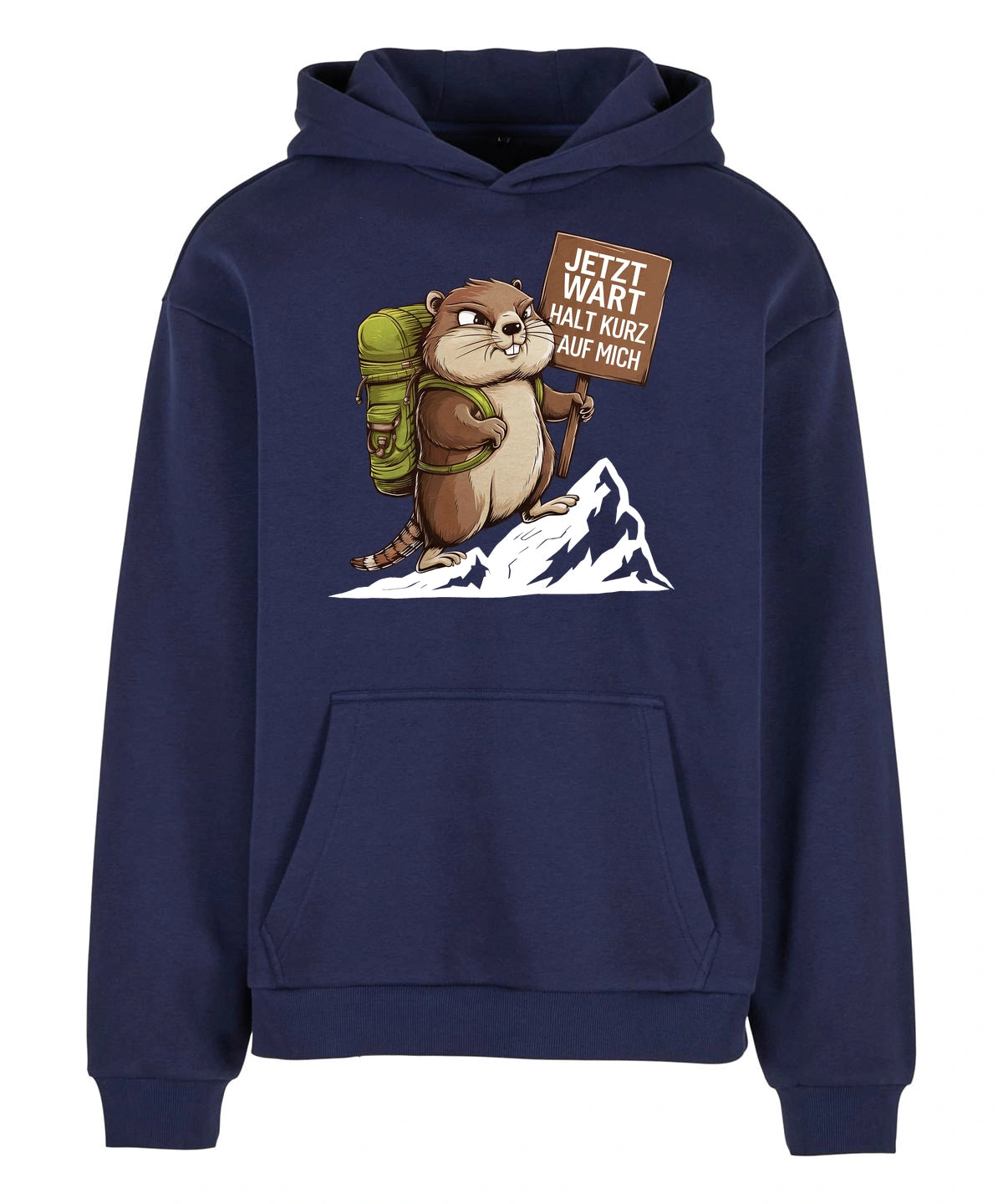 Warte kurz Hoodie in Navy – Vorderansicht mit dem Motiv Warte kurz.