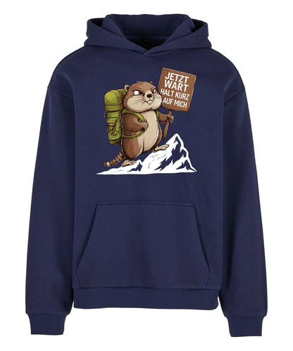 Warte kurz Hoodie in Navy – Vorderansicht mit dem Motiv Warte kurz.
