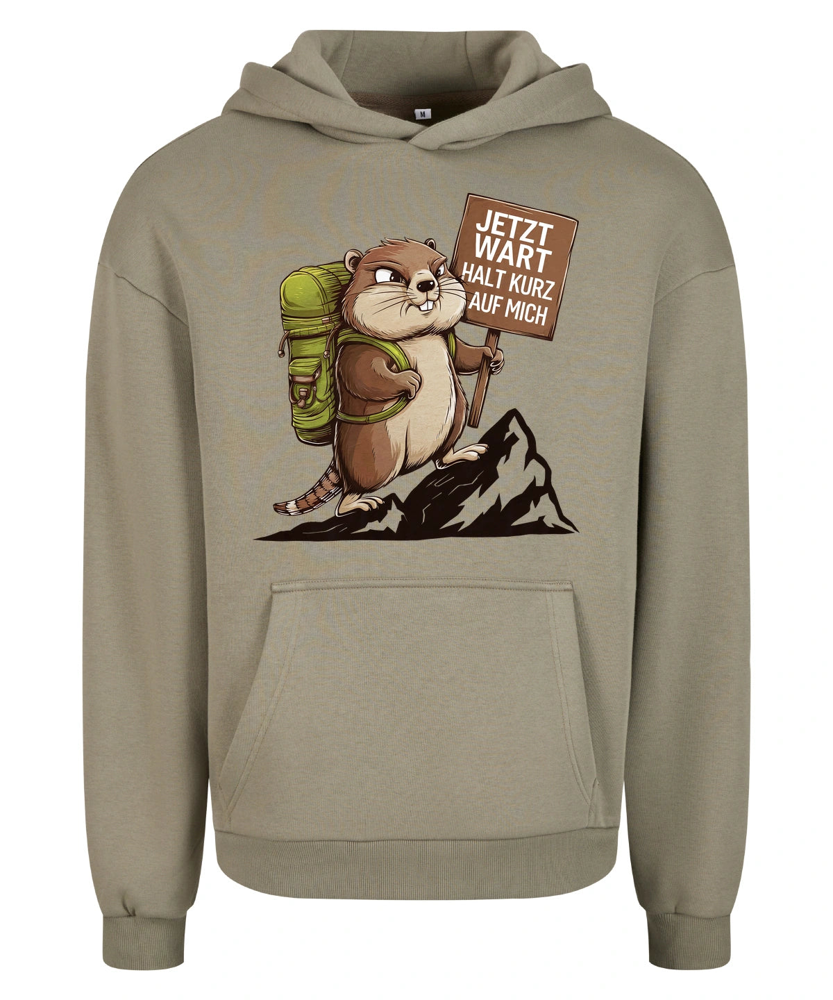 Warte kurz Hoodie in Pale Olive – Vorderansicht mit dem Motiv Warte kurz.