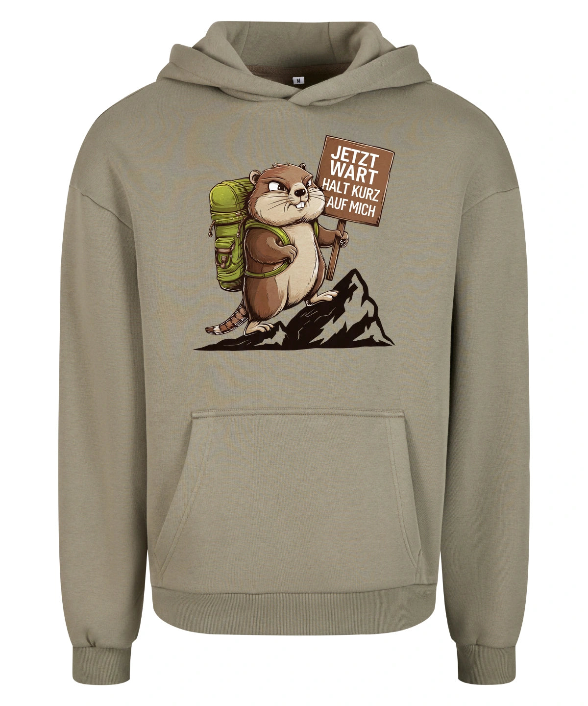 Warte kurz Hoodie in Pale Olive – Vorderansicht mit dem Motiv Warte kurz.