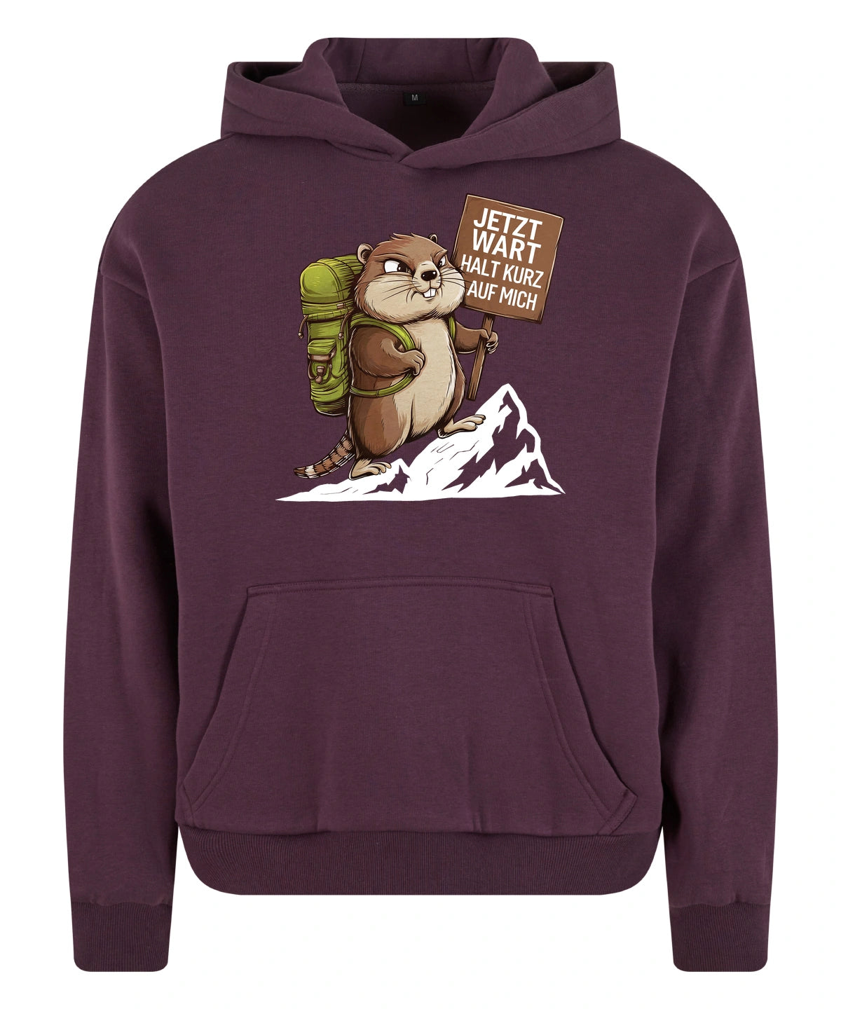 Warte kurz Hoodie in Plum Purple – Vorderansicht mit dem Motiv Warte kurz.
