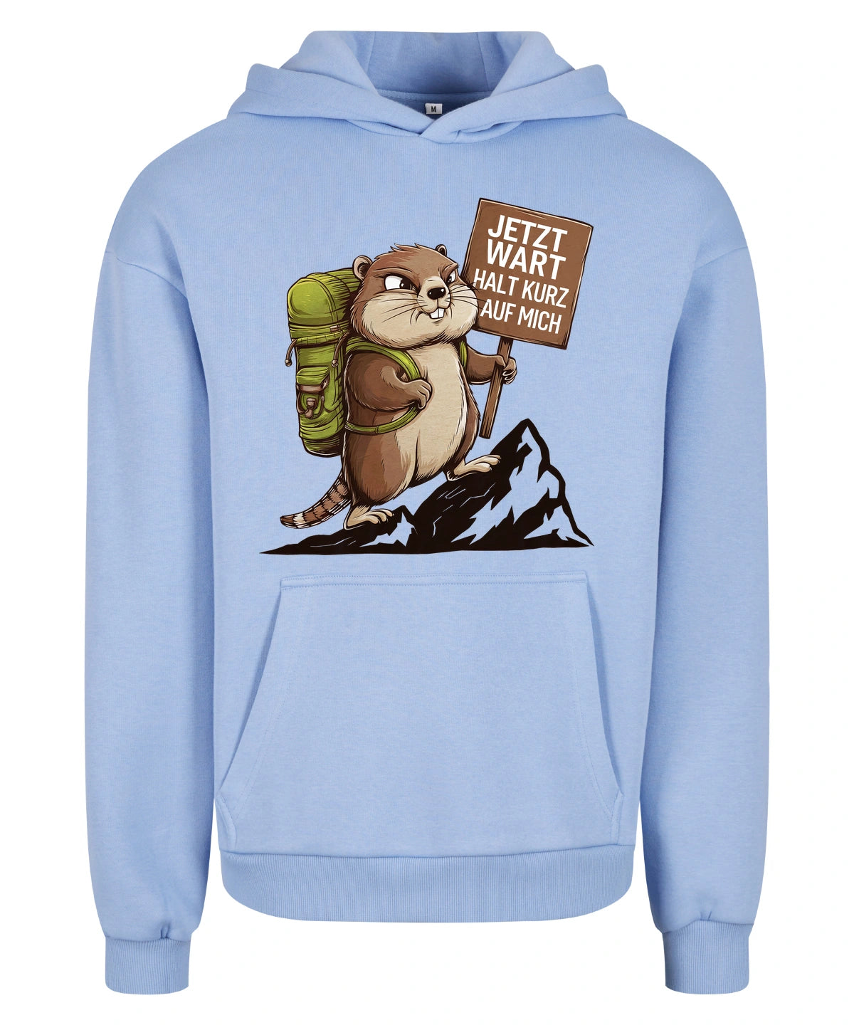 Warte kurz Hoodie in Powder Blue – Vorderansicht mit dem Motiv Warte kurz.