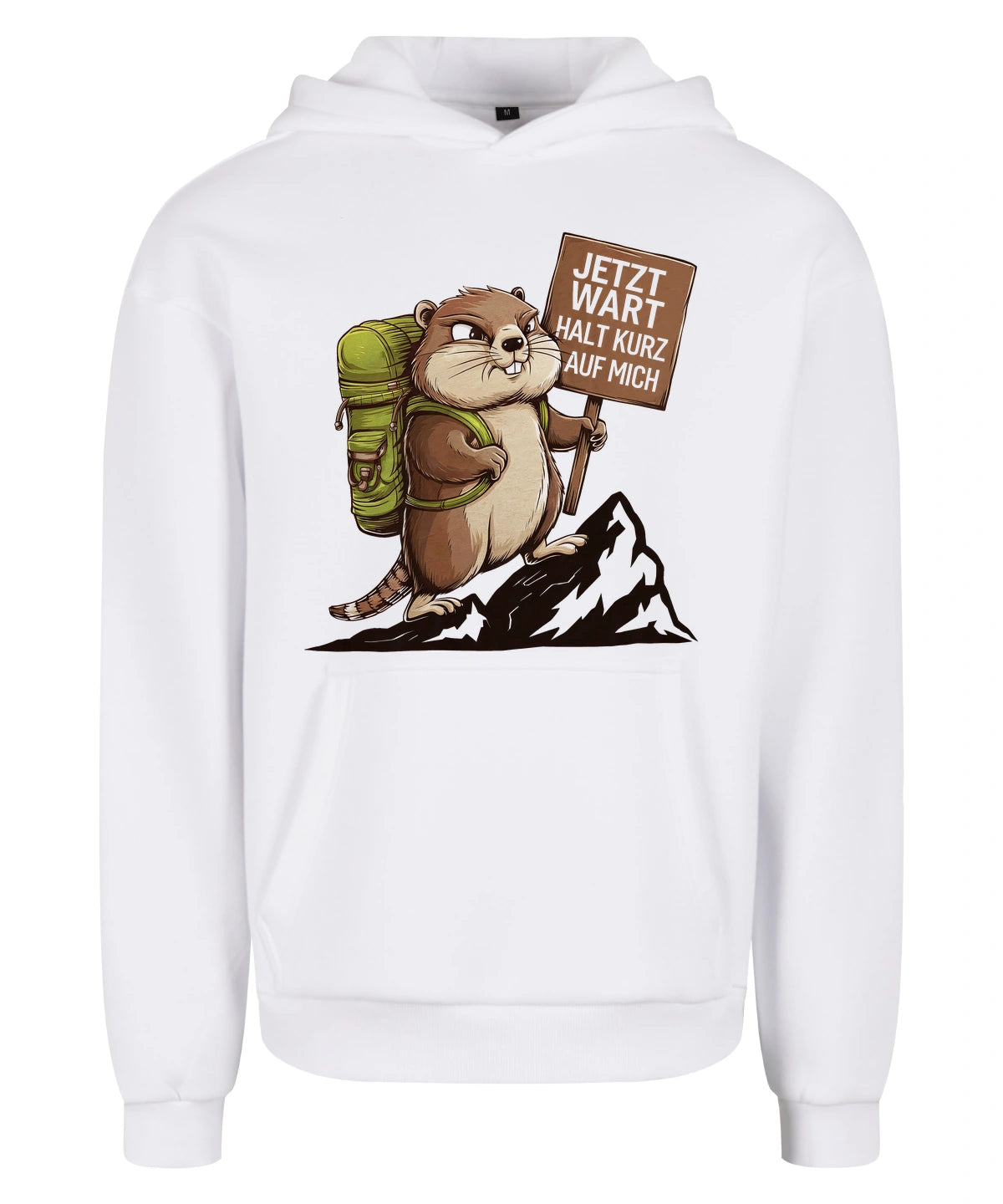 Warte kurz Hoodie in White – Vorderansicht mit dem Motiv Warte kurz.
