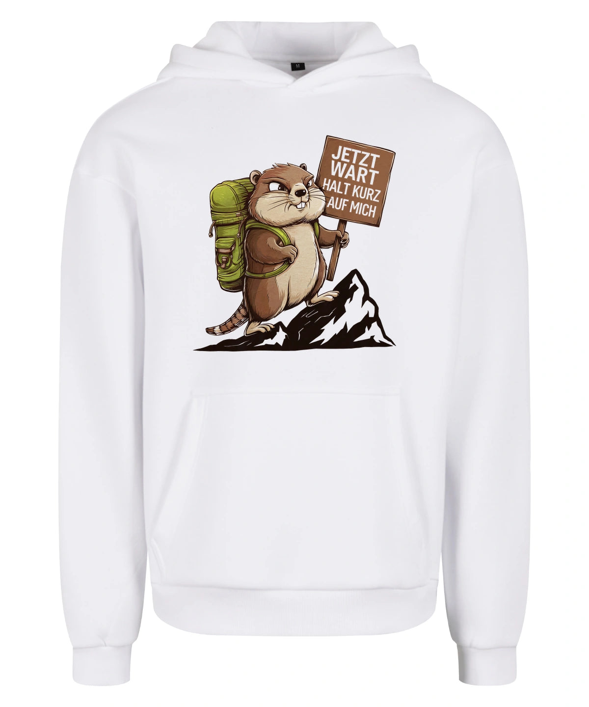 Warte kurz Hoodie in White – Vorderansicht mit dem Motiv Warte kurz.
