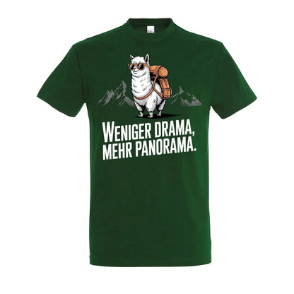 Weniger Drama T-Shirt Unisex in Bottle Green – Vorderansicht mit dem Motiv Weniger Drama.