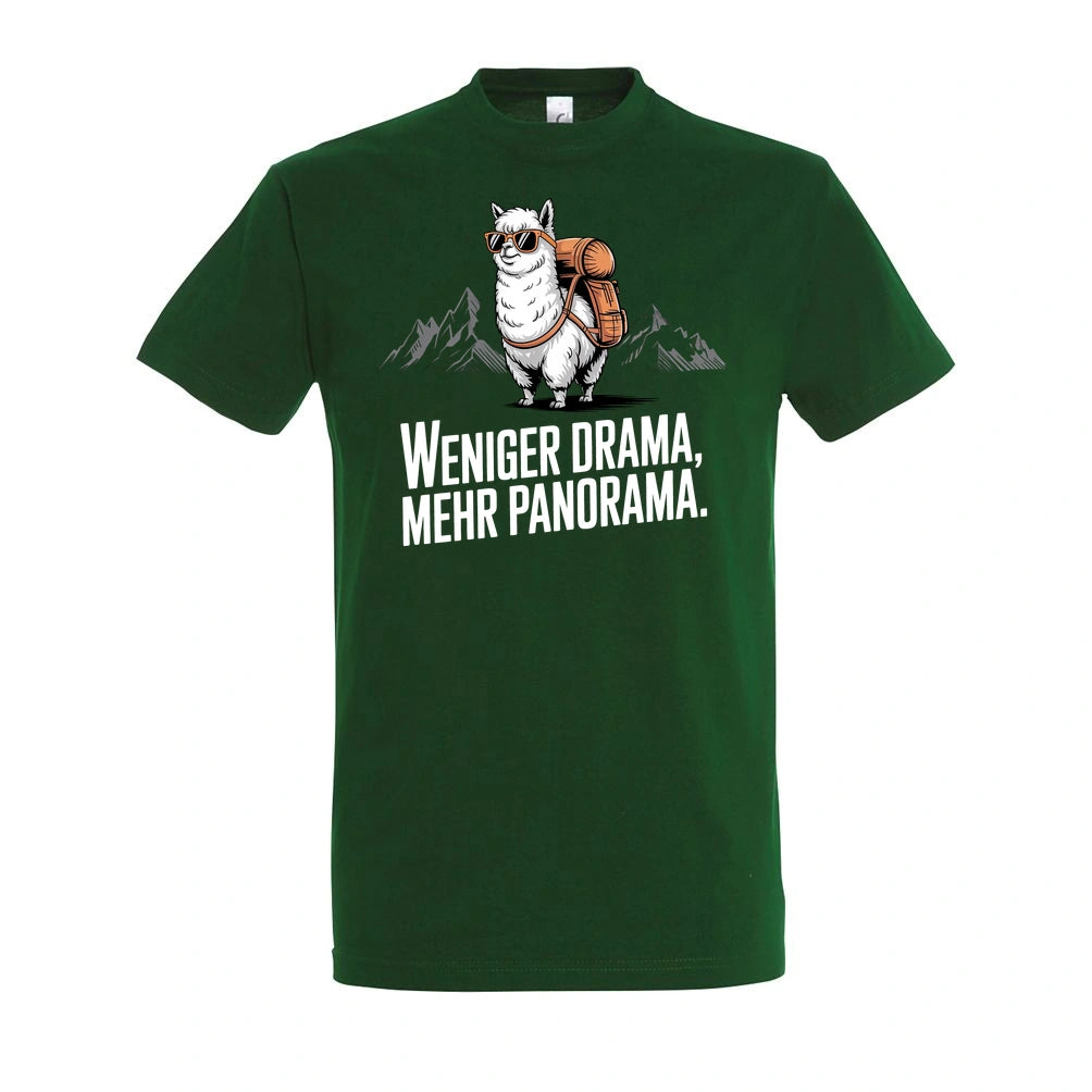 Weniger Drama T-Shirt Unisex in Bottle Green – Vorderansicht mit dem Motiv Weniger Drama.