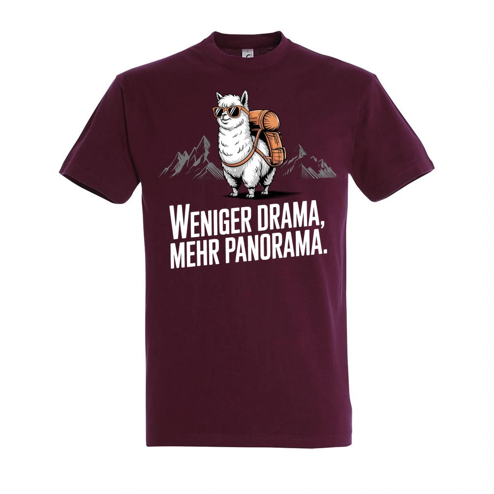 Weniger Drama T-Shirt Unisex in Burgundy – Vorderansicht mit dem Motiv Weniger Drama.