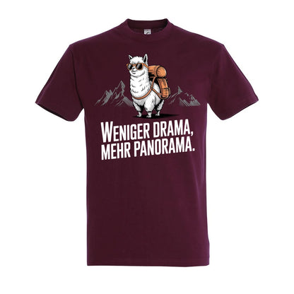 Weniger Drama T-Shirt Unisex in Burgundy – Vorderansicht mit dem Motiv Weniger Drama.