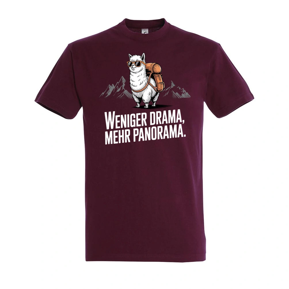 Weniger Drama T-Shirt Unisex in Burgundy – Vorderansicht mit dem Motiv Weniger Drama.