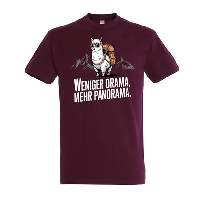 Weniger Drama T-Shirt Unisex in Burgundy – Vorderansicht mit dem Motiv Weniger Drama.