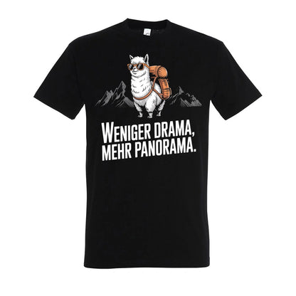 Weniger Drama T-Shirt Unisex in Deep Black – Vorderansicht mit dem Motiv Weniger Drama.
