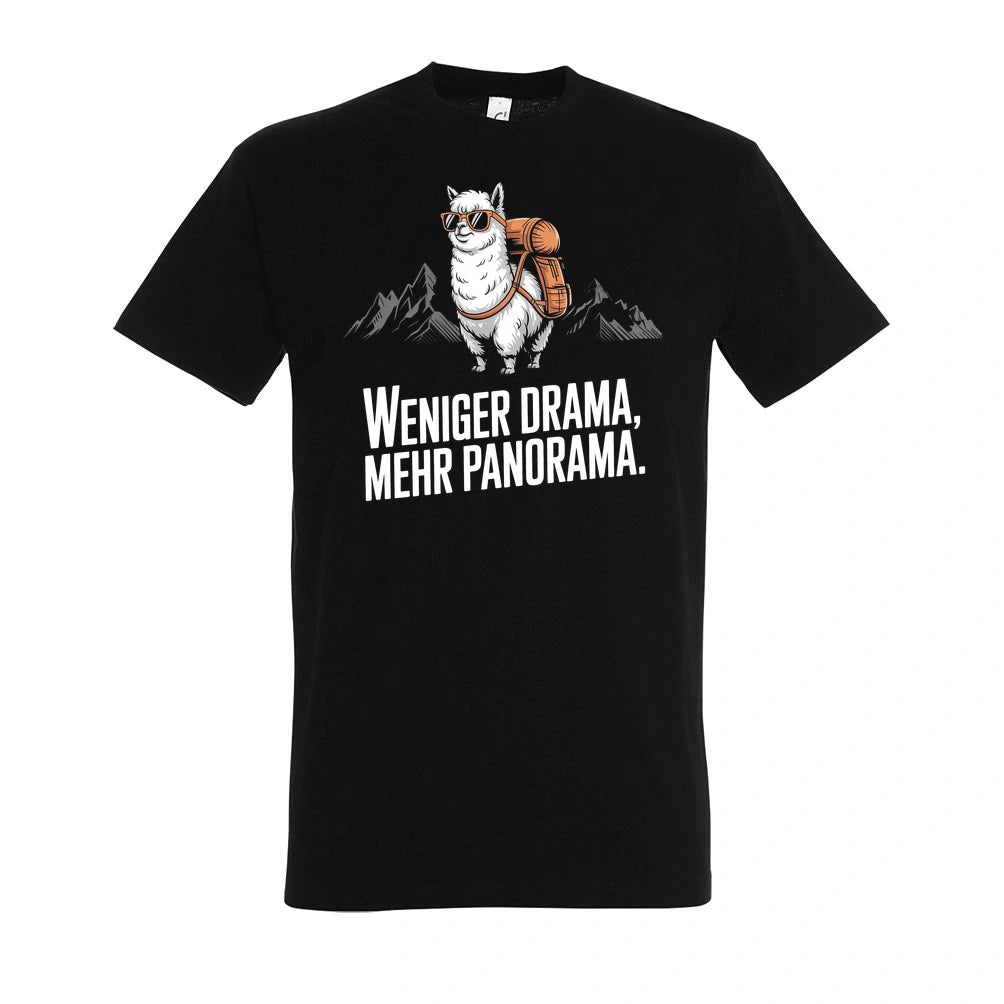 Weniger Drama T-Shirt Unisex in Deep Black – Vorderansicht mit dem Motiv Weniger Drama.
