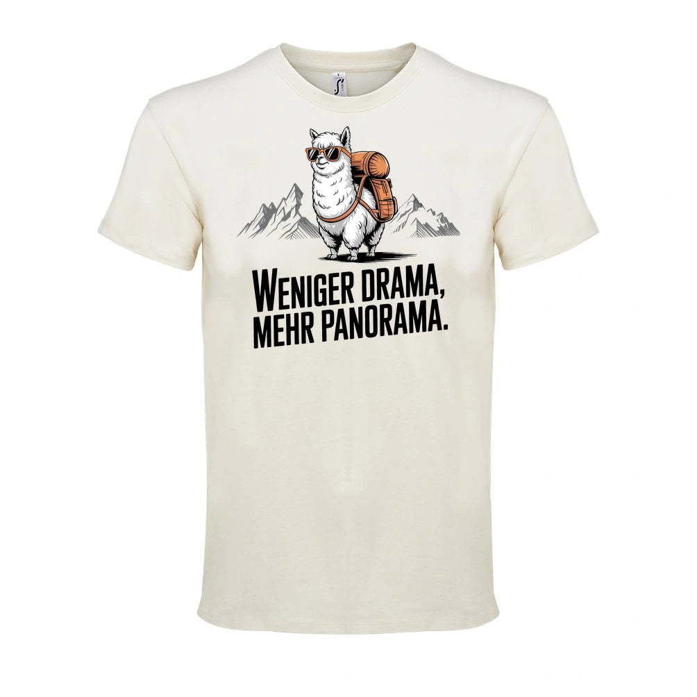 Weniger Drama T-Shirt Unisex in Natural – Vorderansicht mit dem Motiv Weniger Drama.