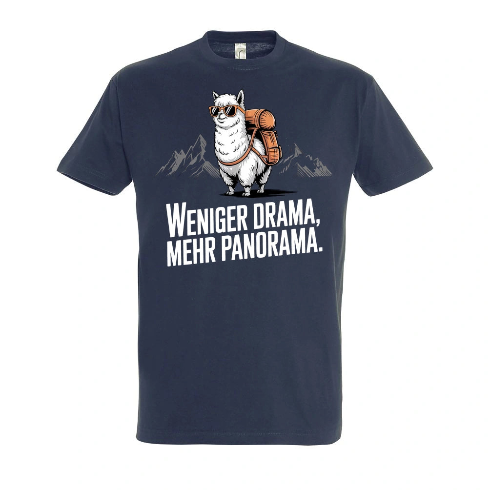 Weniger Drama T-Shirt Unisex in Navy – Vorderansicht mit dem Motiv Weniger Drama.