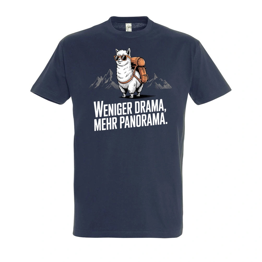 Weniger Drama T-Shirt Unisex in Navy – Vorderansicht mit dem Motiv Weniger Drama.