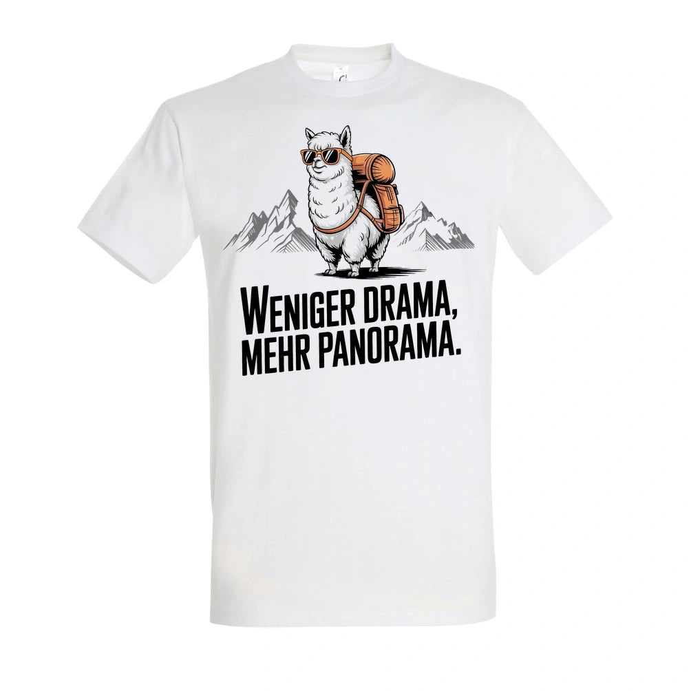 Weniger Drama T-Shirt Unisex in White – Vorderansicht mit dem Motiv Weniger Drama.