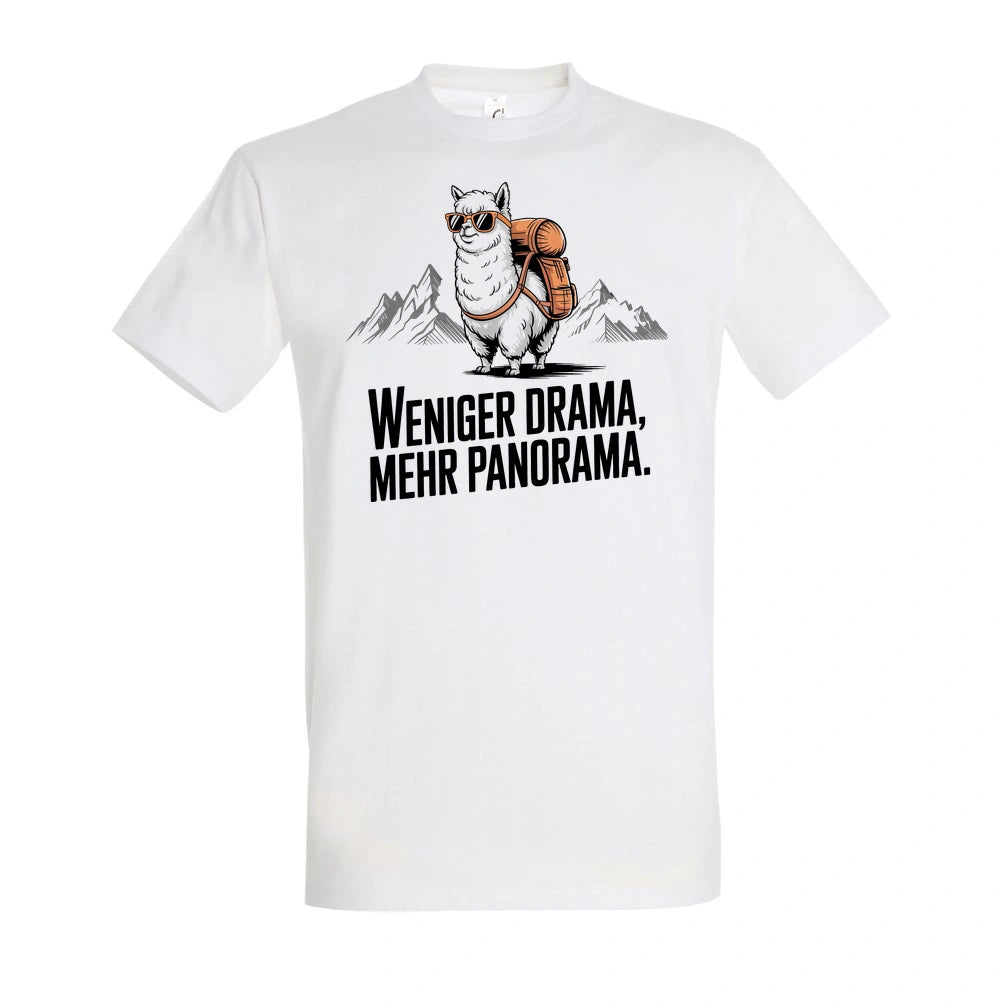 Weniger Drama T-Shirt Unisex in White – Vorderansicht mit dem Motiv Weniger Drama.