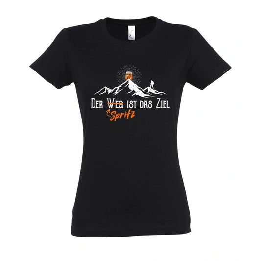 Zielspritz Frauen Shirt in Deep Black – Vorderansicht mit dem Originalmotiv Zielspritz auf SOL’S L191.