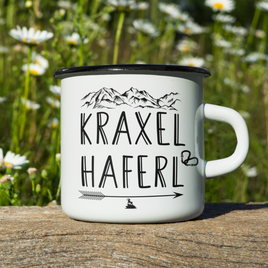 Kraxelharfel Emaille Tasse