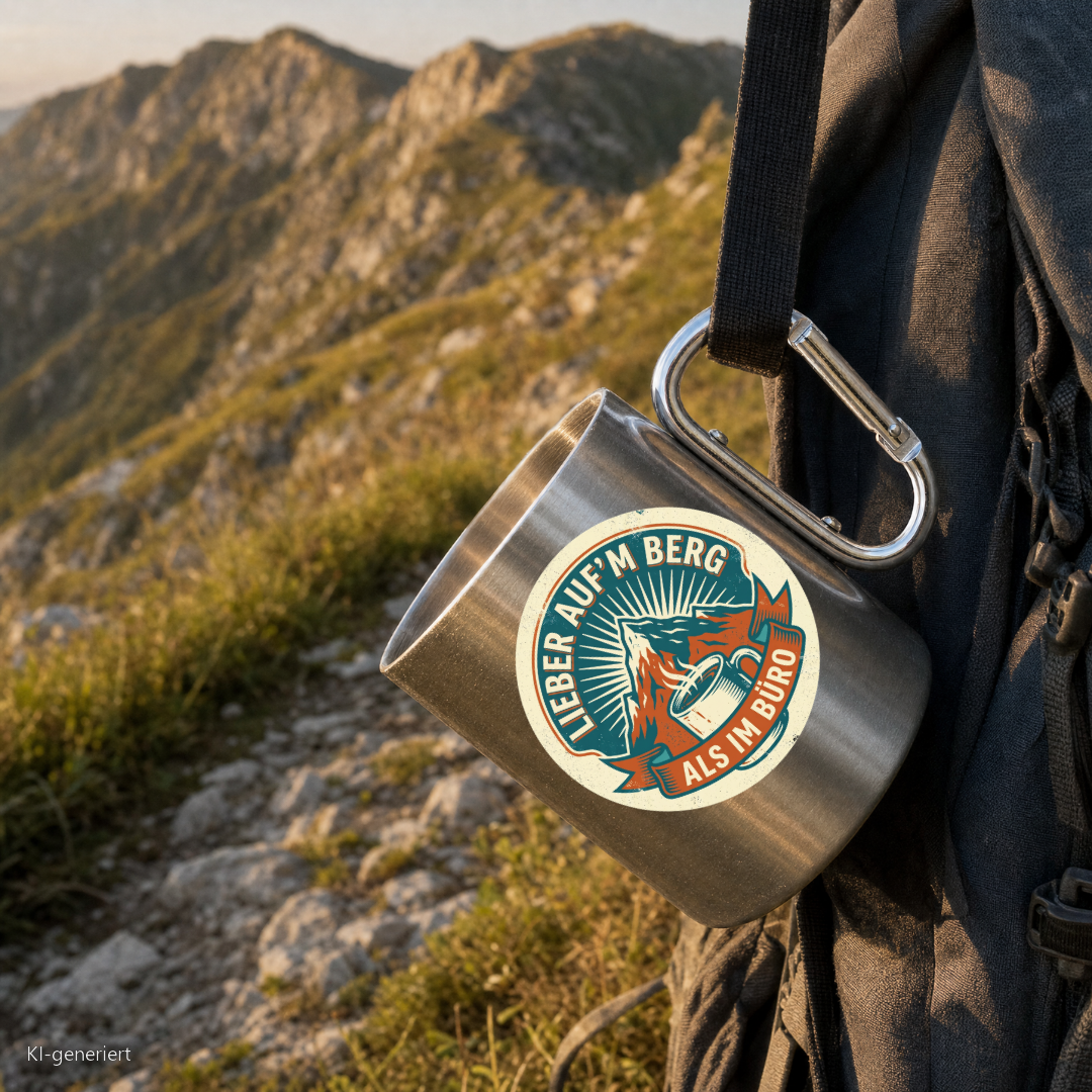 Edelstahlbecher Lieber aufm Berg als im Büro hängt mit Karabiner am Wanderrucksack