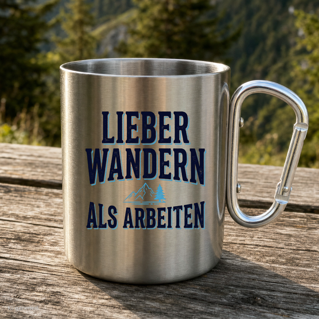 Karabinertasse von Kraxelgaudi mit Spruch Lieber wandern als arbeiten steht auf Holz vor Bergkulisse