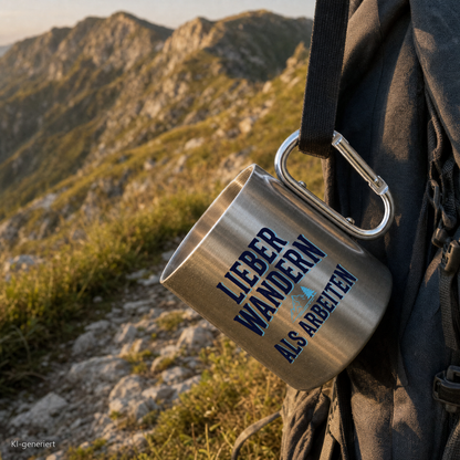 Edelstahlbecher Lieber wandern als arbeiten hängt mit Karabiner am Wanderrucksack