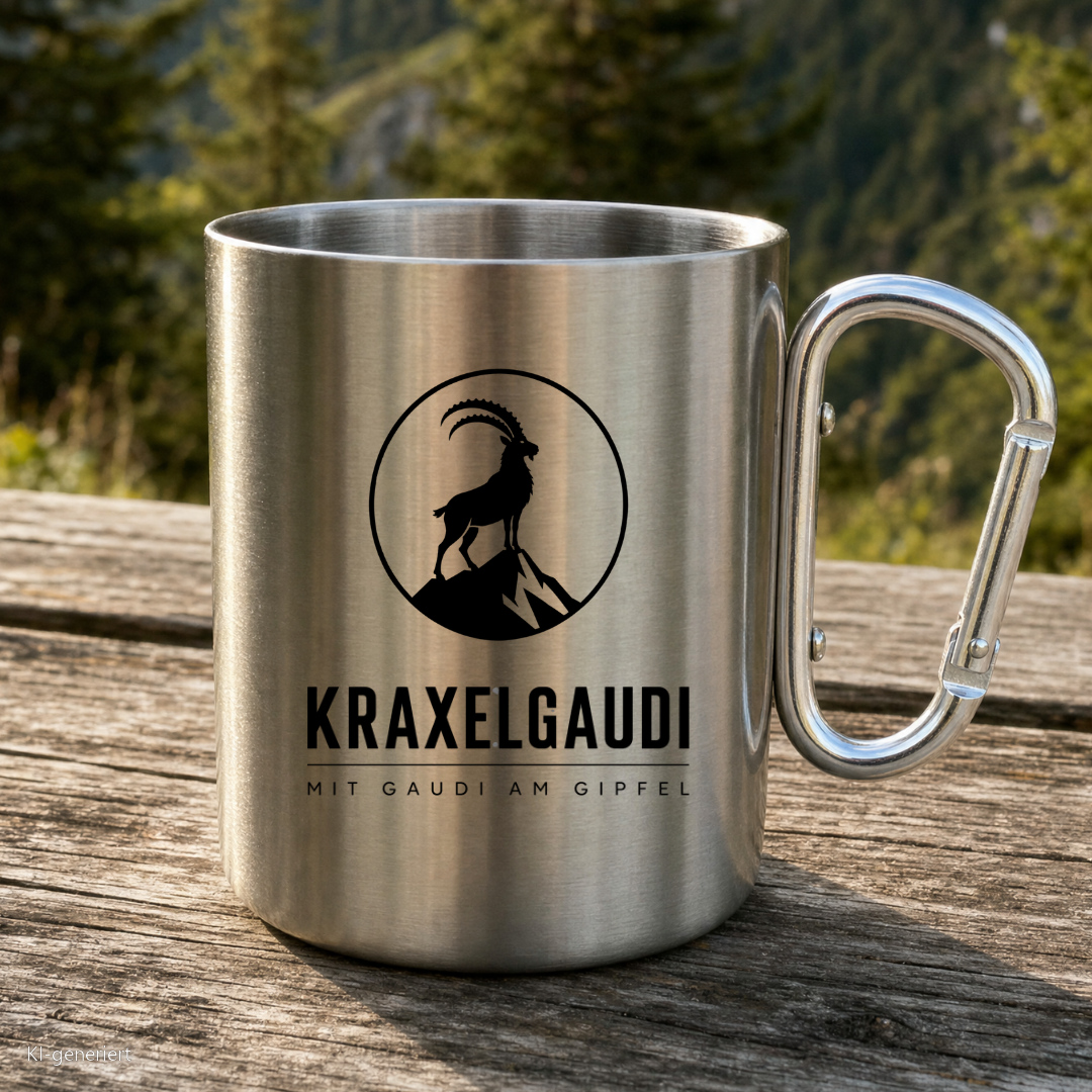 Karabinertasse von Kraxelgaudi mit Logo und Steinbock steht auf Holz vor Bergkulisse