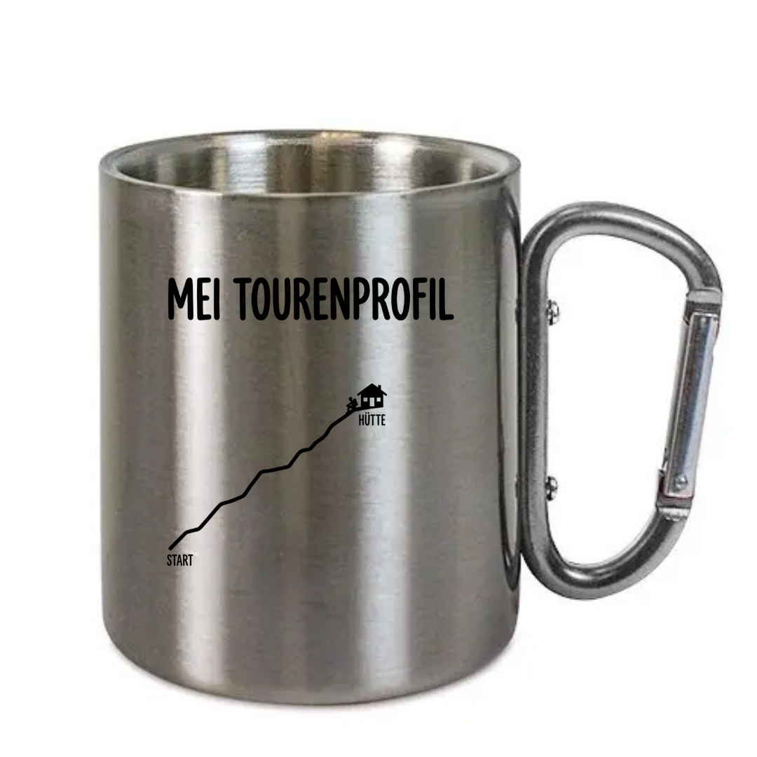 Karabinertasse Mei Tourenprofil aus Edelstahl mit Karabinergriff vor weißem Hintergrund
