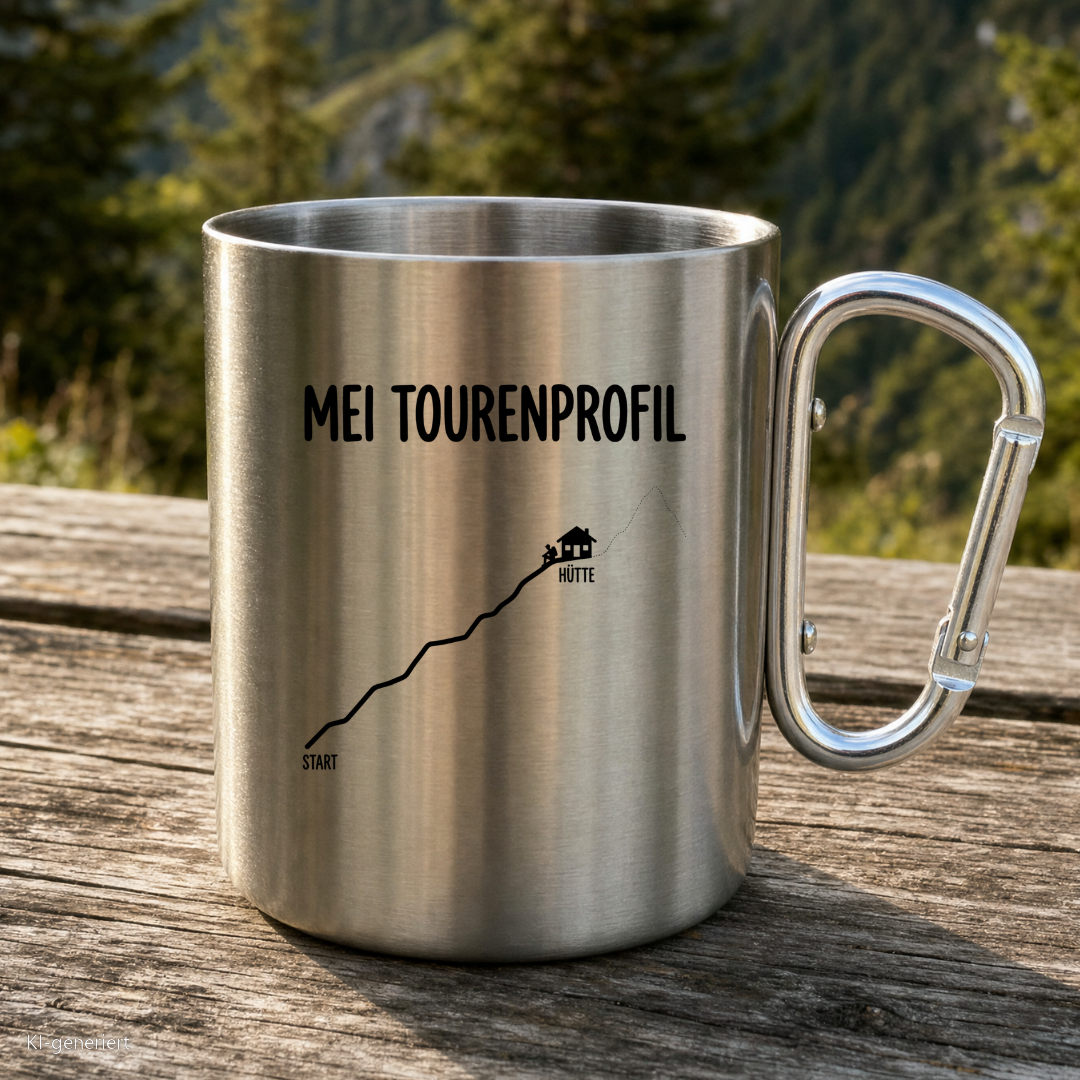 Karabinertasse von Kraxelgaudi mit Höhenprofil Mei Tourenprofil steht auf Holz vor Bergkulisse