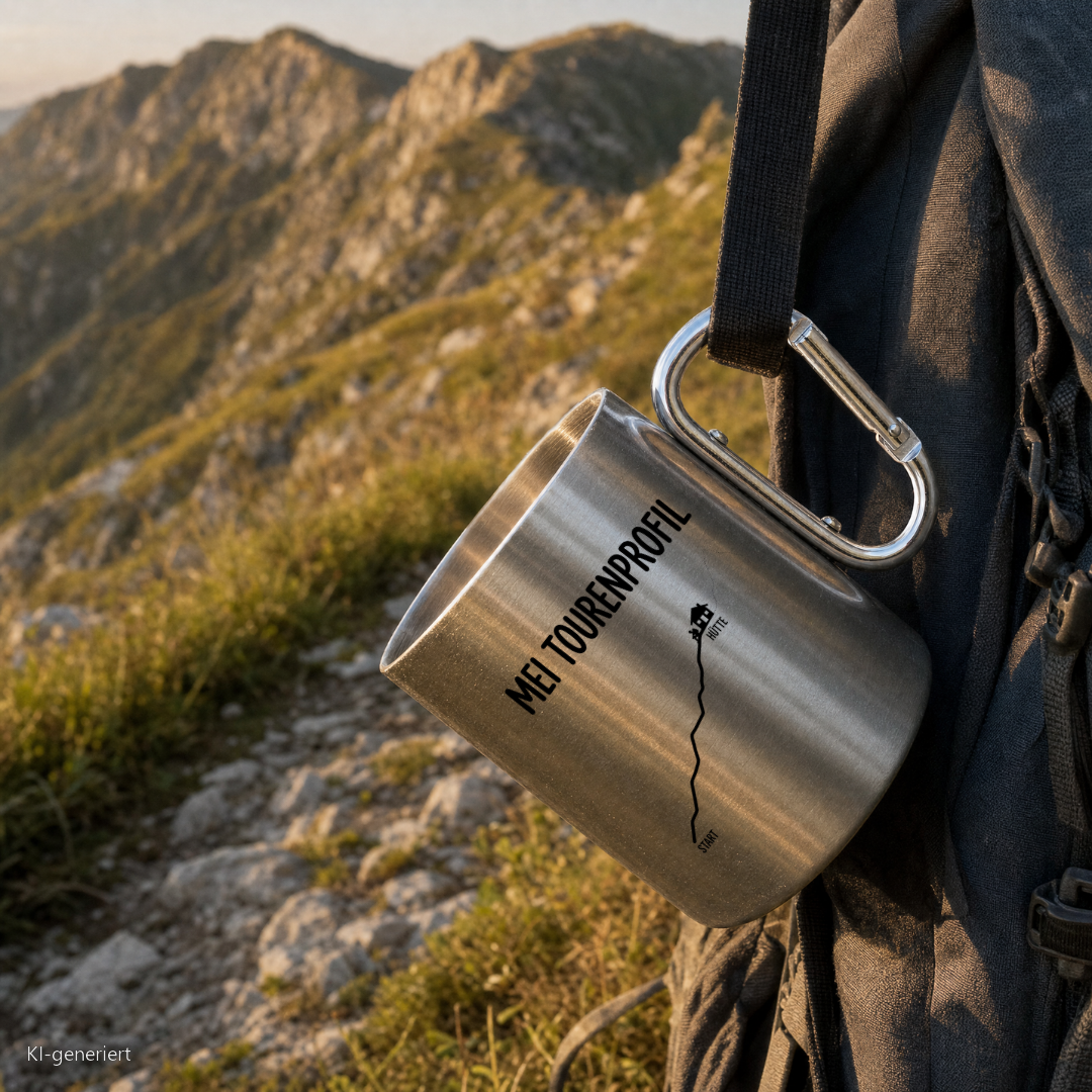 Edelstahlbecher Mei Tourenprofil hängt mit Karabiner am Wanderrucksack