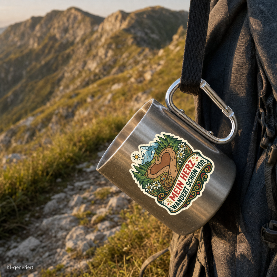 Edelstahlbecher Mein Herz wandert schon vor hängt mit Karabiner am Wanderrucksack