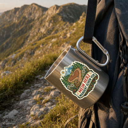 Edelstahlbecher Mein Herz wandert schon vor hängt mit Karabiner am Wanderrucksack