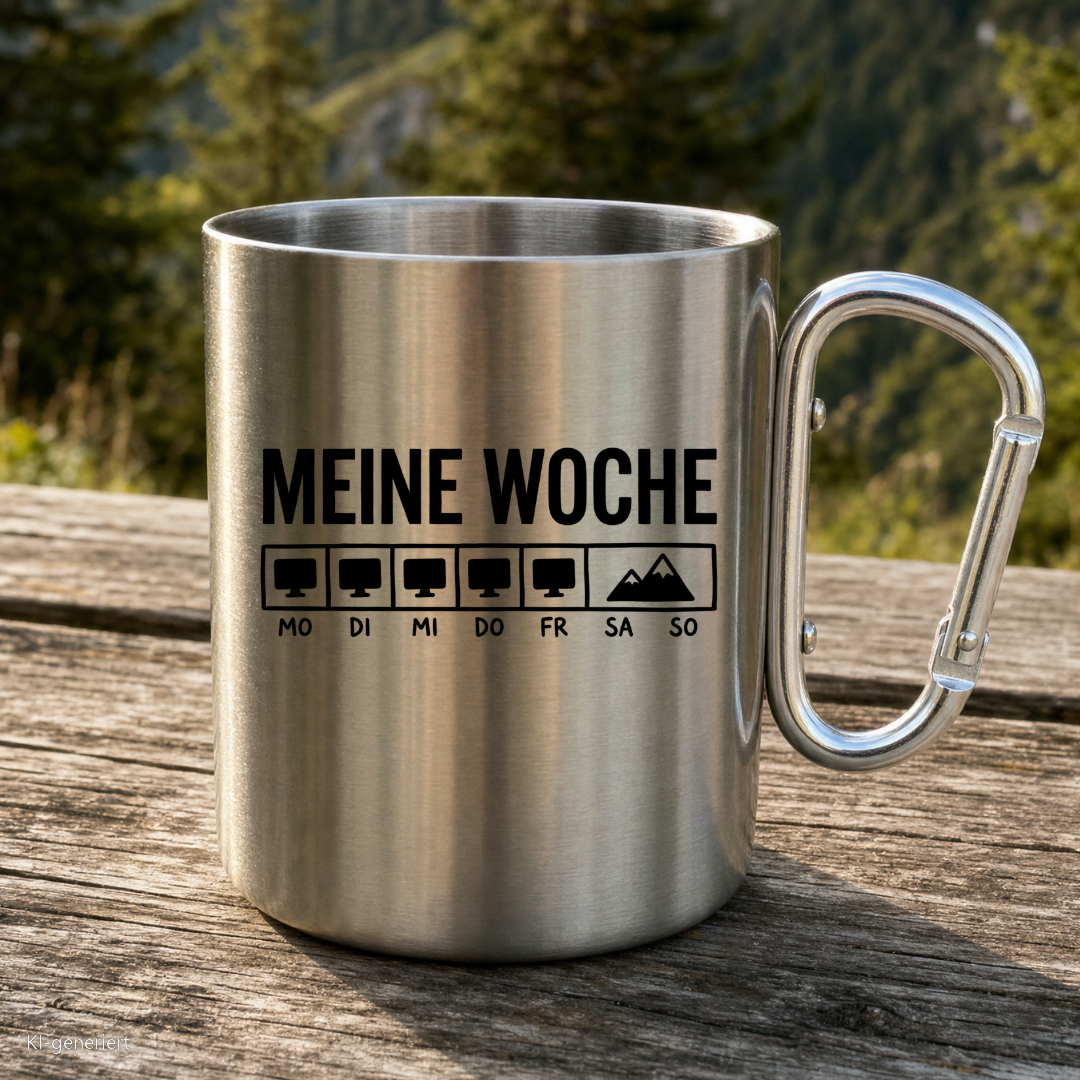 Karabinertasse von Kraxelgaudi mit Wochenplan Meine Woche steht auf Holz vor Bergkulisse