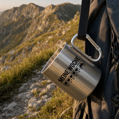 Edelstahlbecher Meine Woche hängt mit Karabiner am Wanderrucksack