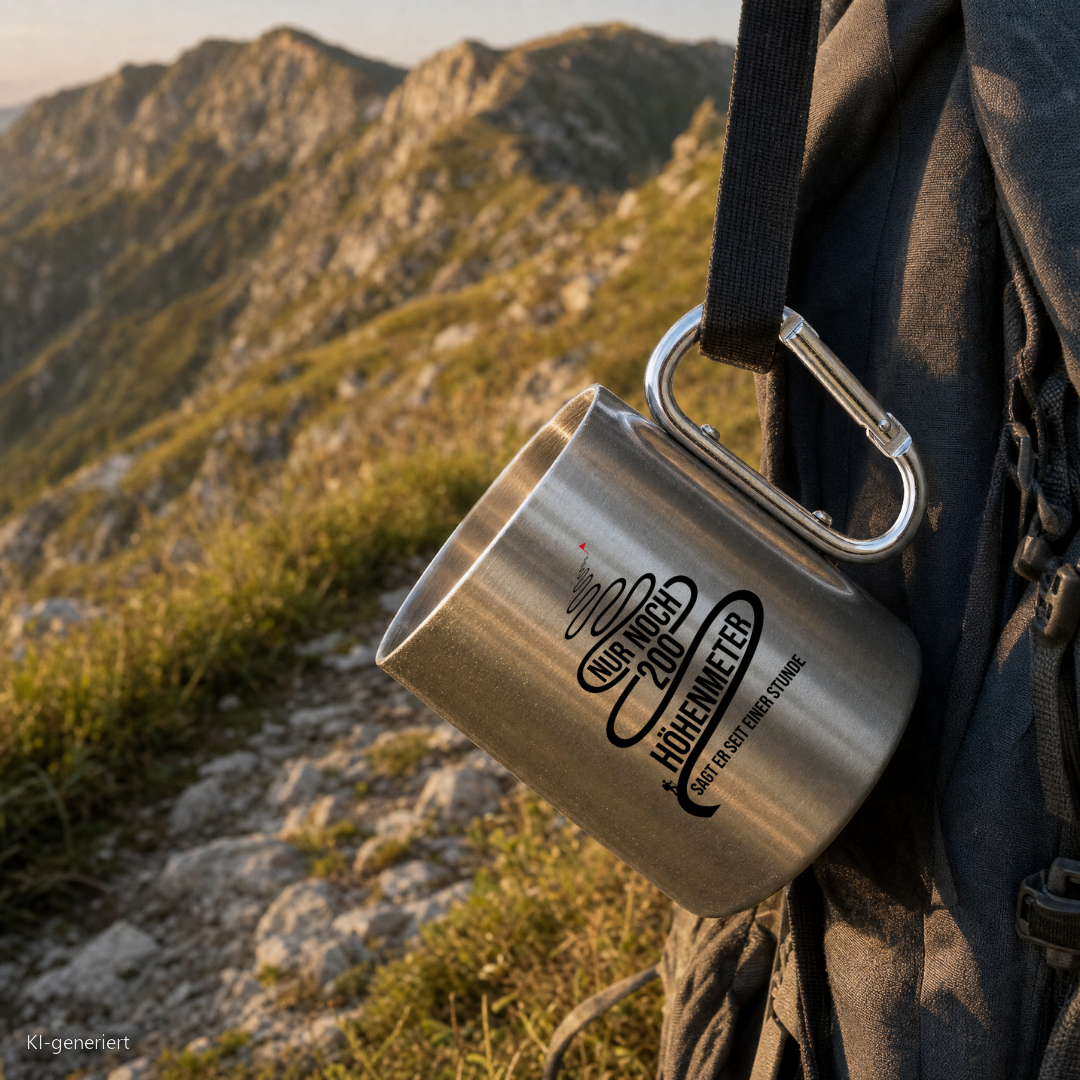 Edelstahlbecher Nur noch 200 Höhenmeter hängt mit Karabiner am Wanderrucksack
