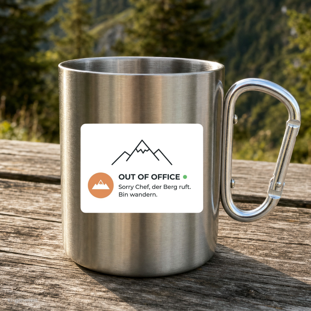 Karabinertasse von Kraxelgaudi mit Out of Office Motiv steht auf Holz vor Bergkulisse
