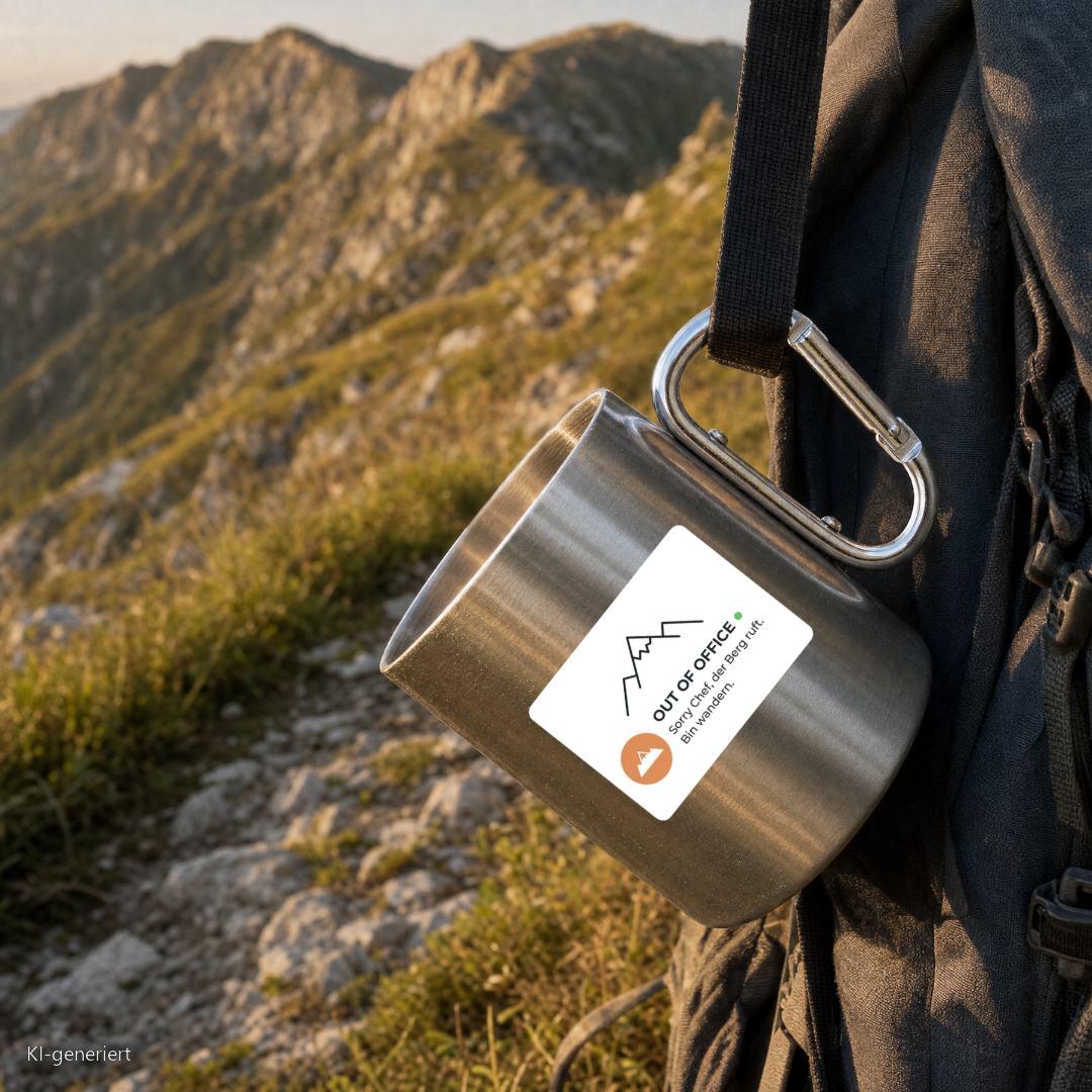 Edelstahlbecher Out of Office hängt mit Karabiner am Wanderrucksack