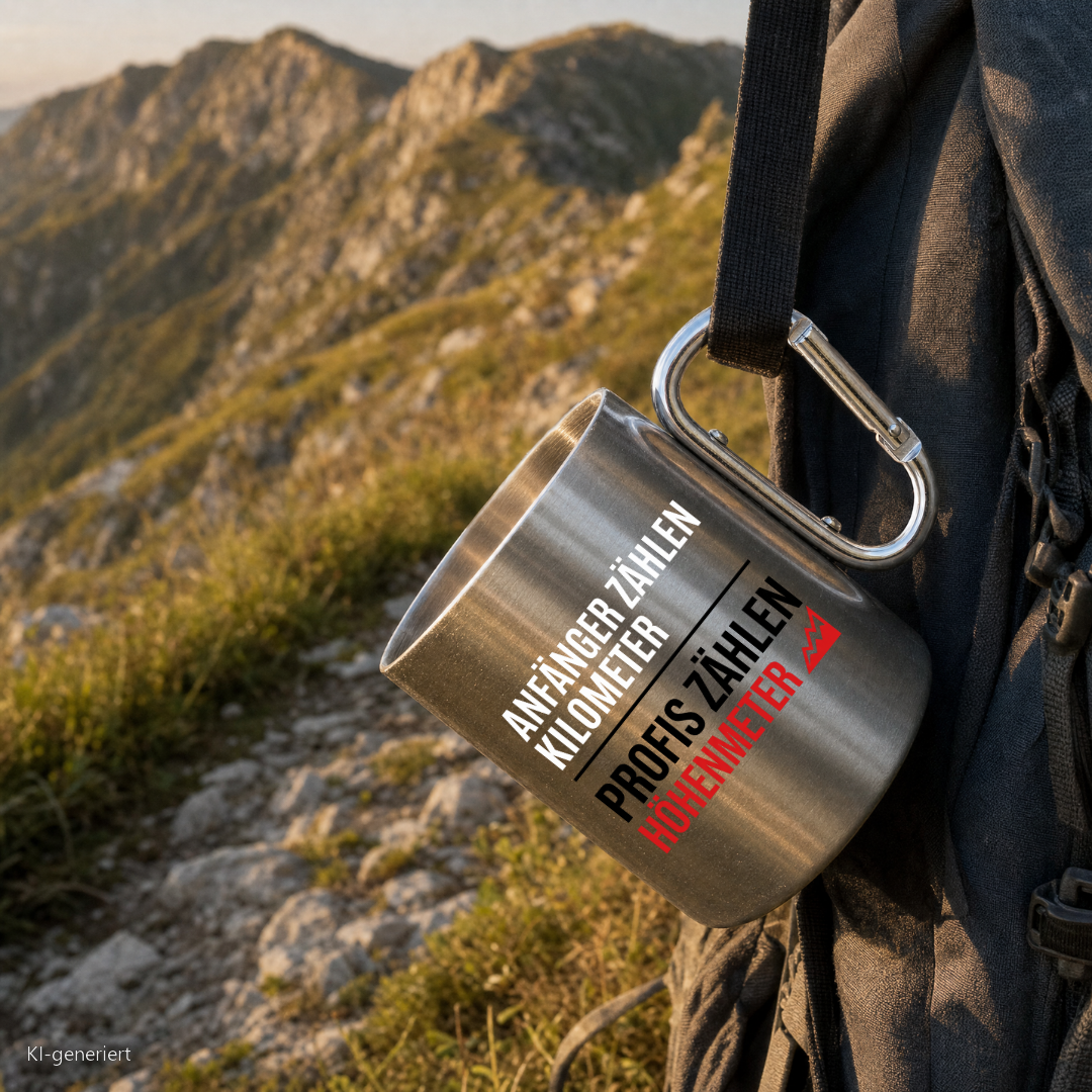 Edelstahlbecher Profis zählen Höhenmeter hängt mit Karabiner am Wanderrucksack