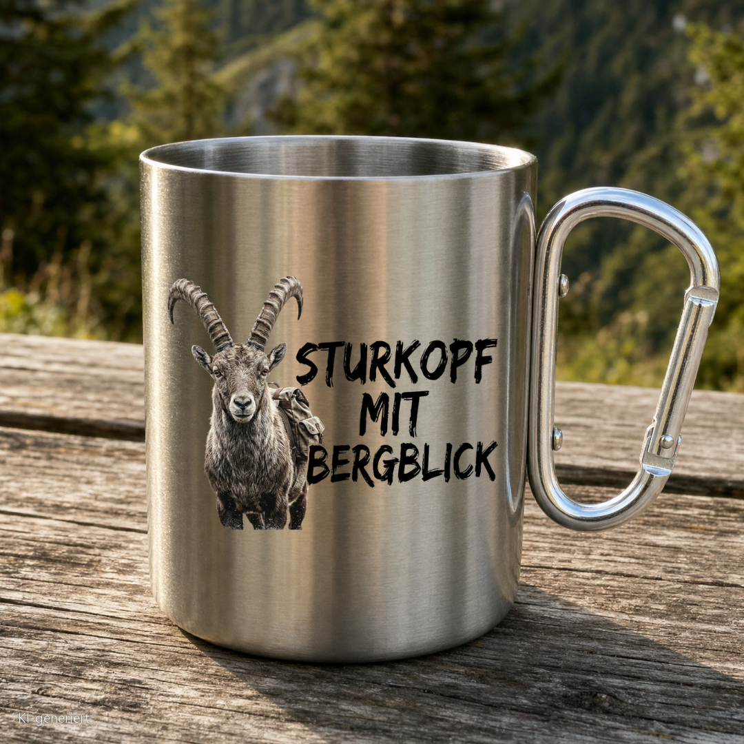 Karabinertasse von Kraxelgaudi mit Steinbock und Spruch Sturkopf mit Bergblick steht auf Holz vor Bergkulisse