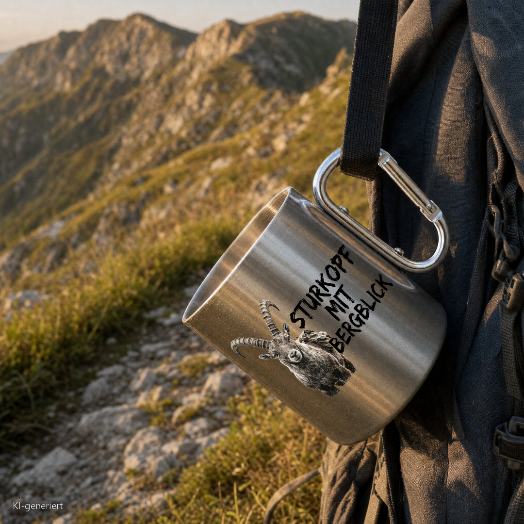 Edelstahlbecher Sturkopf mit Bergblick hängt mit Karabiner am Wanderrucksack