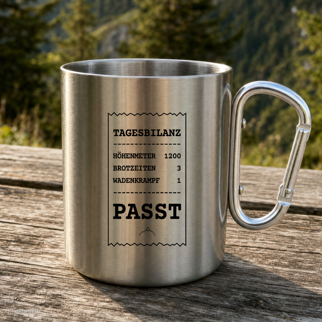 Karabinertasse von Kraxelgaudi mit Tagesbilanz Motiv steht auf Holz vor Bergkulisse