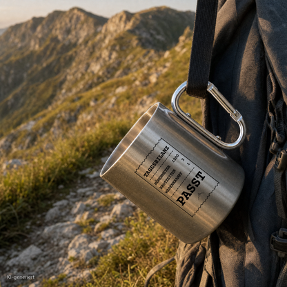 Edelstahlbecher Tagesbilanz hängt mit Karabiner am Wanderrucksack