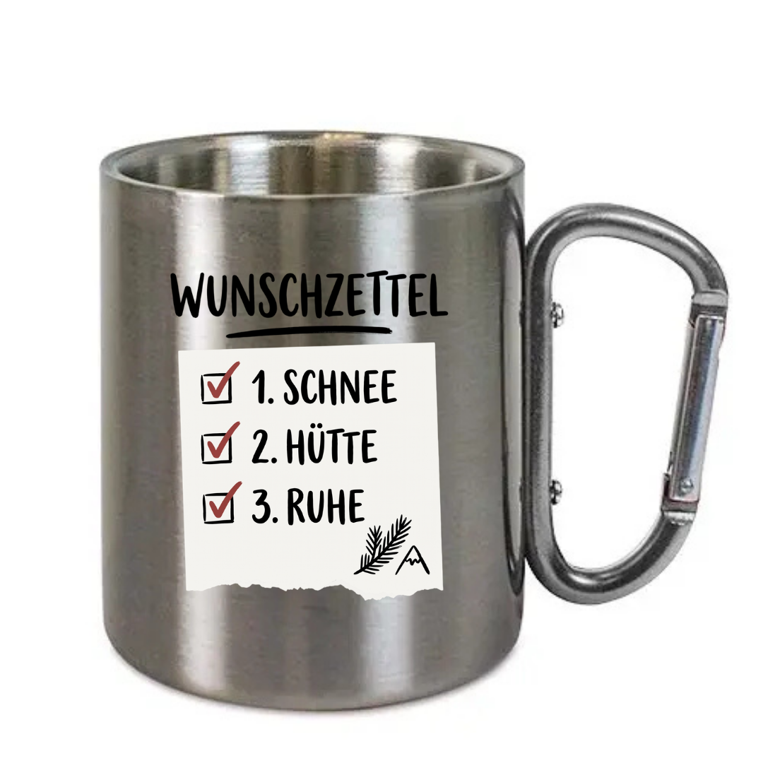 Karabinertasse Wunschzettel aus Edelstahl mit Karabinergriff vor weißem Hintergrund
