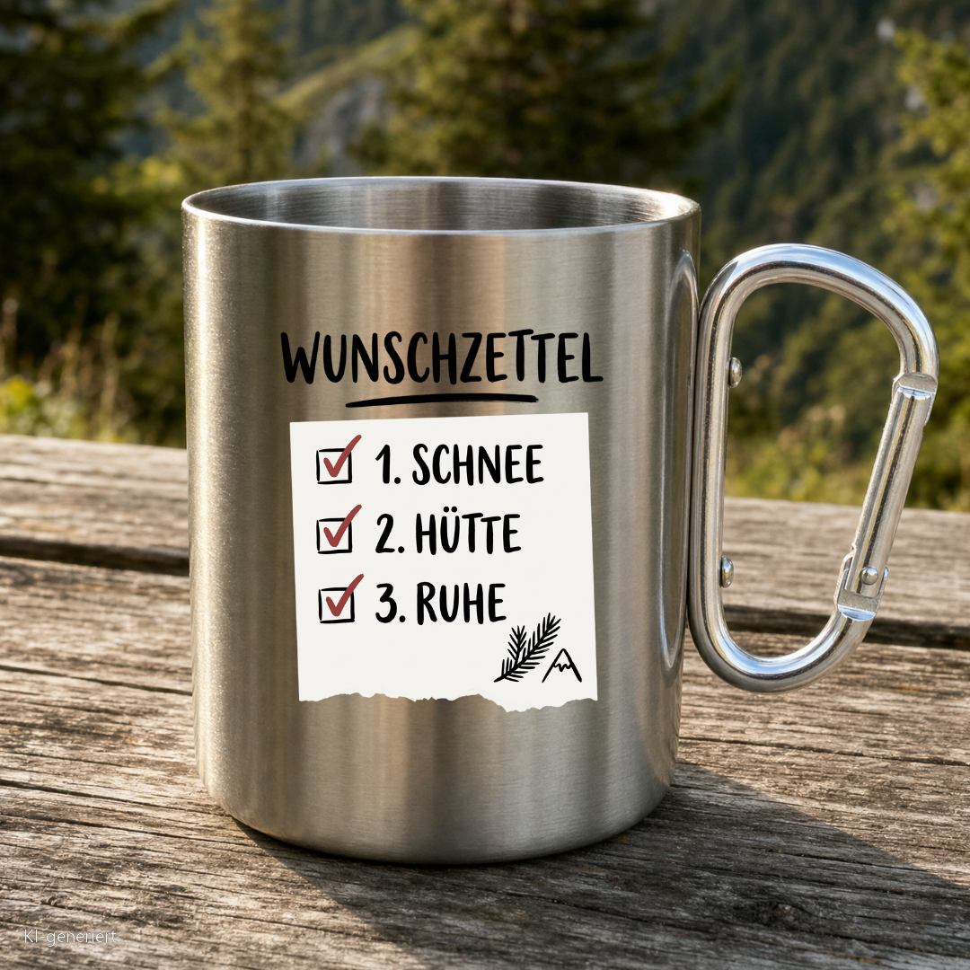 Karabinertasse von Kraxelgaudi mit Wunschzettel Motiv steht auf Holz vor Bergkulisse