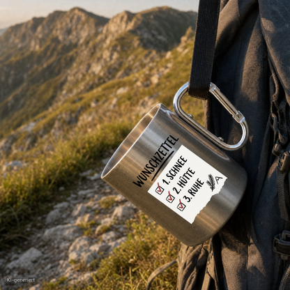 Edelstahlbecher Wunschzettel hängt mit Karabiner am Wanderrucksack